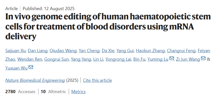 In vivo genome editing of human haematopoietic stem cells for treatment of blood disorders using mRNA delivery.