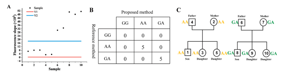 Genotyping results of actual samples and family validation